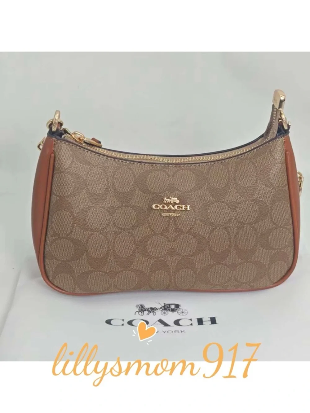 Coach Brown Signature Logo Crescent Shoulder Bag with Gold Hardware